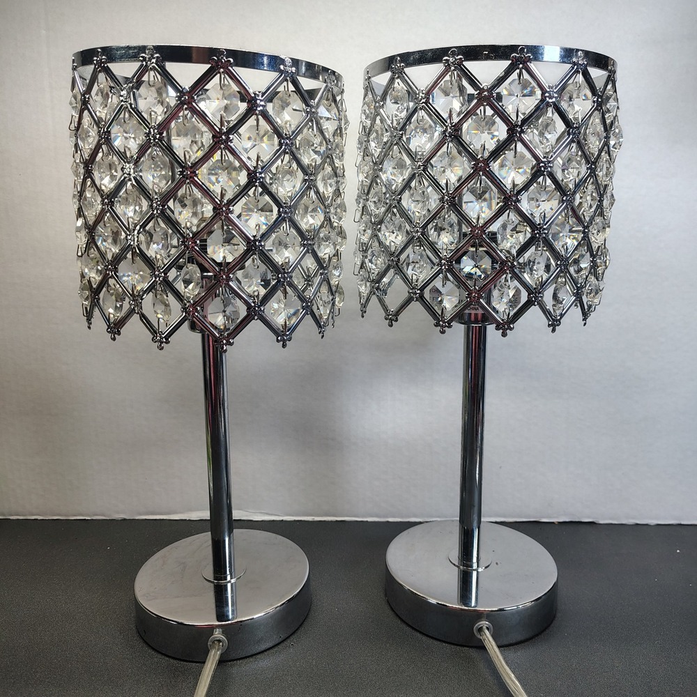 Crystal Table Lamps Set of 2 Silver Chrome Glam Accent Lighting